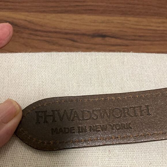 FH Wadsworth Mens’ Hand Sewn Leather Tab Belt in Blue/Green Tartan Stripe. - Picture 5 of 6